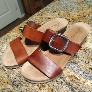 Yokono Leather Sock Cognac Big Buckle Slip On Wedge Sandals Shoes Women's 9.5